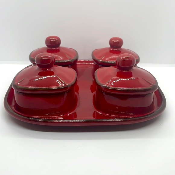 Pottery Barn Ceramic Condiment Dish, with Lids. Deep red, with brown accents. - Picture 2 of 8